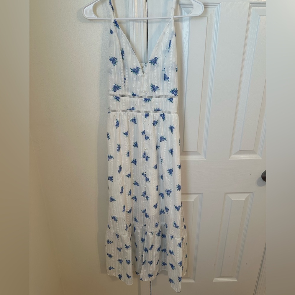White Midi/Maxi Dress with Blue Floral Pattern